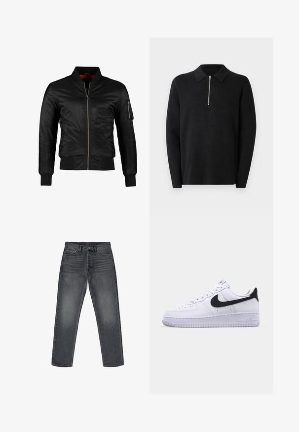 Schwarze Bomberjacke aus glänzendem Nylon mit einem Frontreißverschluss, gerippten Bündchen und einer Reißverschlusstasche am linken Ärmel. Das Innenfutter ist leuchtend rot.; Schwarzer Pullover mit langen Ärmeln und einem Reißverschlusskragen. Hergestellt aus weichem Stoff, mit glatter Textur und einem schlichten, minimalistischen Design.; Graue Jeans aus Denim mit geradem Schnitt, fünf Taschen, Knopfverschluss und dezentem Verblassen. Verstärkte Nähte und Kupferakzente.; Weißes Leder-Sneaker mit einem strukturierten schwarzen Swoosh, flachen Schnürsenkeln und einer Gummisohle mit genoppetem Muster. "AIR" ist auf der Ferse eingeprägt.