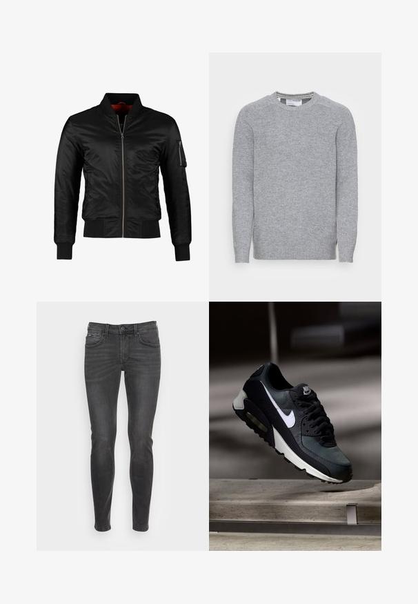 Sort bomberjakke lavet af skinnende nylon med frontlynlås, ribbede manchetter og en lynlåslomme på venstre ærme. Indersiden er lys rød.; Grå strikket sweater med rund hals, ribbede manchetter og kant. Glat tekstur og et enkelt, klassisk design med sidespalter.; Slim-fit sorte jeans med en glat struktur, der har et klassisk fem-lomme design og en subtil falmning fortil.; Sort og grå Nike Air Max sneaker med hvid swoosh, ophængt over en betongulv mod en sløret mørk baggrund.