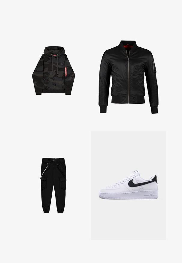 Schwarze Bomberjacke aus glänzendem Nylon mit einem Frontreißverschluss, gerippten Bündchen und einer Reißverschlusstasche am linken Ärmel. Das Innenfutter ist leuchtend rot.; Schwarzer und dunkelgrauer Tarn-Hoodie mit Fronttasche, verstellbaren Kordeln und rotem Reißverschlussanhänger am linken Ärmel.; Schwarze Cargo-Hose aus leichtem Stoff, mit zwei Seitentaschen, einem elastischen Bund und verstellbaren Beinabschlüssen.; Weißes Leder-Sneaker mit einem strukturierten schwarzen Swoosh, flachen Schnürsenkeln und einer Gummisohle mit genoppetem Muster. "AIR" ist auf der Ferse eingeprägt.