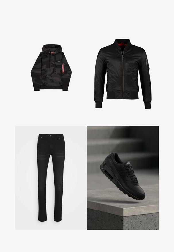 Schwarze Bomberjacke aus glänzendem Nylon mit einem Frontreißverschluss, gerippten Bündchen und einer Reißverschlusstasche am linken Ärmel. Das Innenfutter ist leuchtend rot.; Schwarzer und dunkelgrauer Tarn-Hoodie mit Fronttasche, verstellbaren Kordeln und rotem Reißverschlussanhänger am linken Ärmel.; Schwarze Jeans mit geradem Bein, im fünf-Taschen-Stil und mit Knopfverschluss. Glatte Textur mit minimaler Verwaschung.; Der schwarze Nike Air Max 90 Sneaker besteht aus einer Kombination von Leder- und Mesh-Materialien, hat runde Schnürsenkel und eine sichtbare Air-Einheit in der Sohle.
