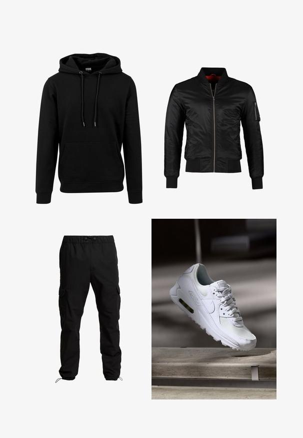 Schwarze Bomberjacke aus glänzendem Nylon mit einem Frontreißverschluss, gerippten Bündchen und einer Reißverschlusstasche am linken Ärmel. Das Innenfutter ist leuchtend rot.; Schwarzer Hoodie aus weichem Stoff, mit einer großen Fronttasche, Kordeln und gerippten Bündchen und Saum. Einfaches, einfarbiges Design.; Schwarze Cargo-Hosen aus strapazierfähigem Stoff, mit elastischem Bund, verstellbaren Kordeln und Seitentaschen mit Klappen.; Weiße Nike Air Max 90 Sneaker mit einem Obermaterial aus Mesh und Leder, durchlässigem Zehenbereich und einer sichtbaren Air-Einheit in der Ferse.
