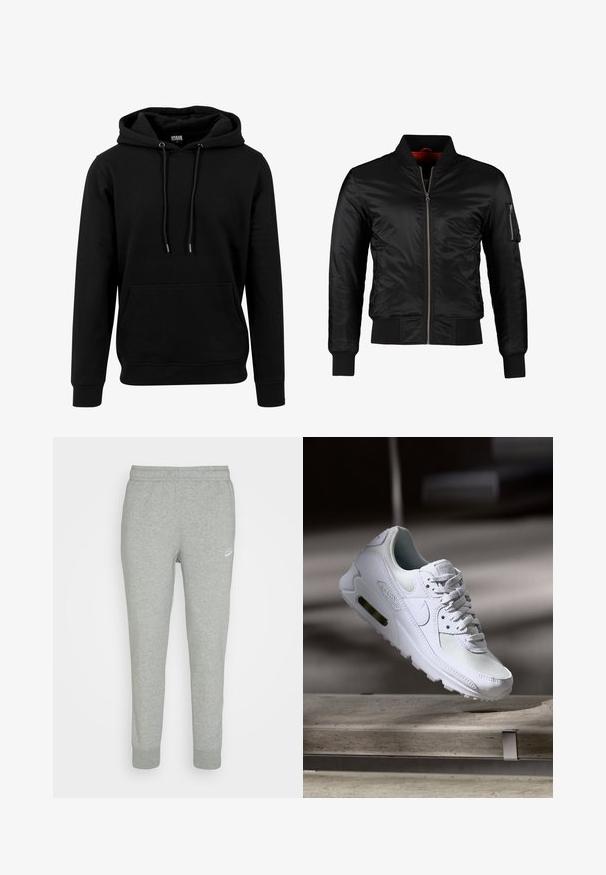 Schwarze Bomberjacke aus glänzendem Nylon mit einem Frontreißverschluss, gerippten Bündchen und einer Reißverschlusstasche am linken Ärmel. Das Innenfutter ist leuchtend rot.; Schwarzer Hoodie aus weichem Stoff, mit einer großen Fronttasche, Kordeln und gerippten Bündchen und Saum. Einfaches, einfarbiges Design.; Graue Sweatpants aus weichem Stoff, mit schmal zulaufendem Bein, elastischem Bund und kleinem weißen Nike-Logo am linken Oberschenkel.; Weiße Nike Air Max 90 Sneaker mit einem Obermaterial aus Mesh und Leder, durchlässigem Zehenbereich und einer sichtbaren Air-Einheit in der Ferse.
