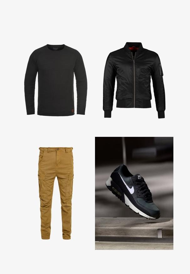 Čierna bomberka z lesklého nylonu s predným zipsom, rebrovanými manžetami a zipsovým vreckom na ľavom rukáve. Interiér je jasne červený.; Čierna dlhá mikina s okrúhlym výstrihom vyrobená z textúrovanej látky s malou hnedou značkovou nášivkou na dolnom pravom boku.; Khaki cargo nohavice vyrobené z odolnej zmesi bavlny, s viacerými bočnými vreckami, gombíkovým zapínaním a jemne zúženým strihom nohavíc.; Čierno-sivá teniska Nike Air Max s bielym logom, zavesená nad betónovým povrchom na rozmazanom tmavom pozadí.