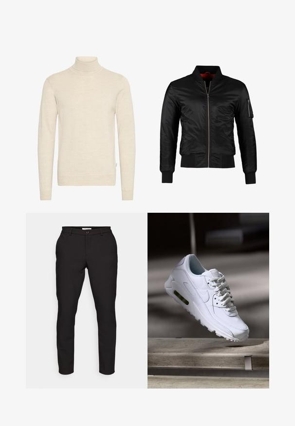 Veste bomber noire en nylon brillant avec une fermeture éclair à l'avant, des poignets côtelés et une poche zippée sur la manche gauche. L'intérieur est de couleur rouge vif.; Pull à col roulé beige en tissu tricoté doux. Il présente des manches longues et une coupe ajustée, avec un col et des poignets côtelés.; Pantalons noirs ajustés avec une coupe slim. Comprend une fermeture à glissière, un bouton, des poches latérales et un tissu lisse et léger.; Baskets blanches en cuir avec des surfaces texturées, un col rembourré et un amorti d'air visible dans la semelle. Elles possèdent des lacets et un design minimaliste.