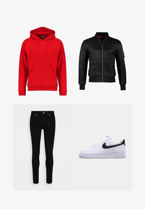 Veste bomber noire en nylon brillant avec une fermeture éclair à l'avant, des poignets côtelés et une poche zippée sur la manche gauche. L'intérieur est de couleur rouge vif.; Sweat à capuche rouge en tissu doux, avec une poche avant, un cordon de serrage à la capuche et des poignets et un ourlet côtelés. Design simple sans logos visibles.; Jean skinny noir avec une texture lisse, conception à cinq poches, fermeture à bouton sur le devant et silhouette épurée. Style minimaliste sans motifs visibles.; Sneaker en cuir blanc avec un Swoosh noir texturé, des lacets plats et une semelle en caoutchouc avec un motif strié. "AIR" est embossé sur le talon.