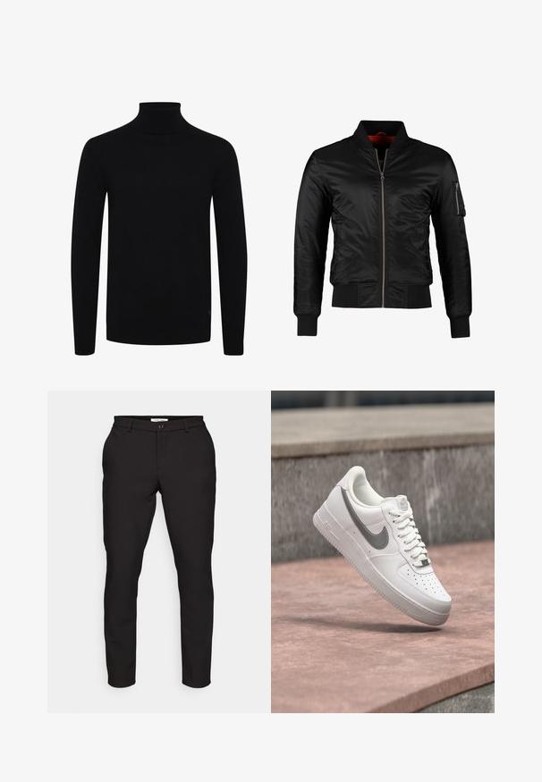 Veste bomber noire en nylon brillant avec une fermeture éclair à l'avant, des poignets côtelés et une poche zippée sur la manche gauche. L'intérieur est de couleur rouge vif.; Pull à col roulé noir, à manches longues, avec un col et un ourlet côtelés, fabriqué en tissu tricoté lisse, avec un logo discret sur le côté inférieur.; Pantalons noirs ajustés avec une coupe slim. Comprend une fermeture à glissière, un bouton, des poches latérales et un tissu lisse et léger.; Baskets blanches Nike Air Force 1 avec logo swoosh gris flottant au-dessus d'une surface en pierre et un mur en pierre gris en arrière-plan.