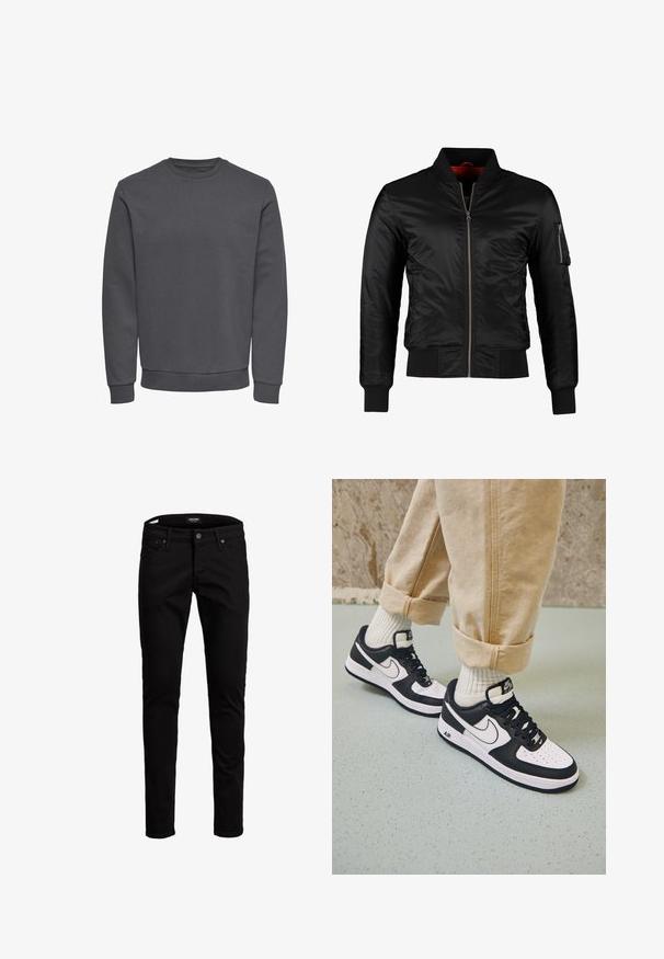 Schwarze Bomberjacke aus glänzendem Nylon mit einem Frontreißverschluss, gerippten Bündchen und einer Reißverschlusstasche am linken Ärmel. Das Innenfutter ist leuchtend rot.; Grauer Pullover aus weichem Stoff mit Rundhalsausschnitt, langen Ärmeln sowie gerippten Bündchen und Saum für eine enge Passform. Keine Muster oder Logos.; Schwarze Denim-Jeans mit schmaler Passform, ausgestattet mit einem traditionellen Fünf-Taschen-Design, Metallknopfverschluss und Gürtelschlaufen. Weiche Textur.; Schwarz-weiße Nike Air Force 1 Sneaker mit einem Obermaterial aus Leder, perforierter Zehenpartie und strukturiertem Sohlendesign, getragen mit aufgerollten beigen Hosen und weißen Socken.