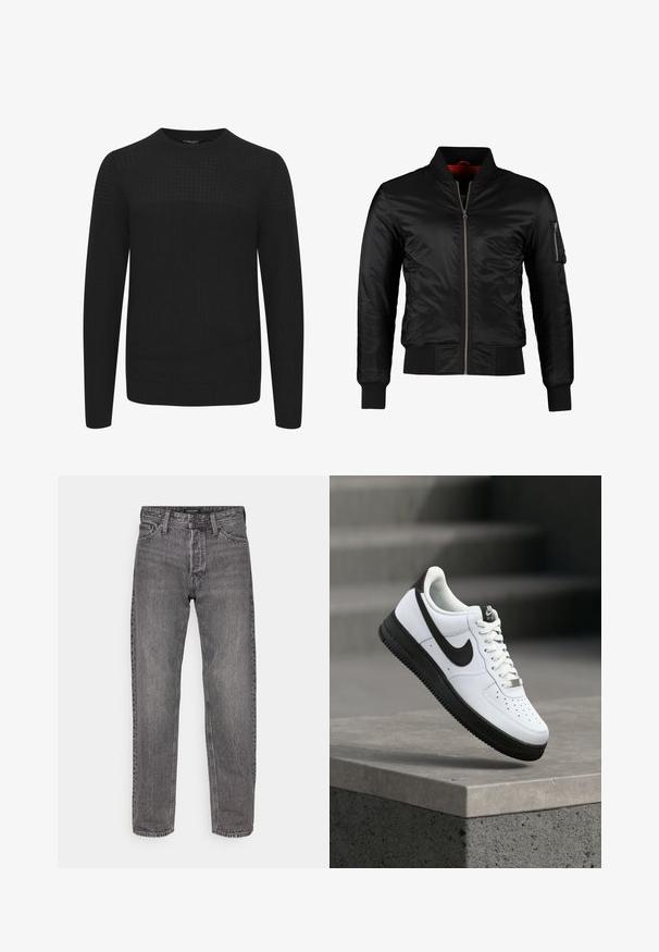 Chaqueta bomber negra hecha de nylon brillante con cierre frontal, puños acanalados y un bolsillo con cremallera en la manga izquierda. El interior es de un rojo brillante.; Suéter negro de punto con cuello redondo, que presenta un panel superior texturizado y puños y dobladillo acanalados. Hecho de una tela suave y cálida.; Jeans de denim gris con corte recto, cinco bolsillos y una textura ligeramente desgastada. Cuenta con una cinturilla con marca y herrajes estándar.; Zapatilla deportiva de cuero blanco con detalles en negro, punta redondeada y detalles perforados. Suela de goma negra con patrón texturizado y cierre de cordones.