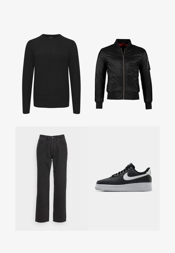 Chaqueta bomber negra hecha de nylon brillante con cierre frontal, puños acanalados y un bolsillo con cremallera en la manga izquierda. El interior es de un rojo brillante.; Suéter negro de punto con cuello redondo, que presenta un panel superior texturizado y puños y dobladillo acanalados. Hecho de una tela suave y cálida.; Jeans de denim negro con un diseño de pierna recta, que cuentan con un cierre de botón frontal, lazos para cinturón y dos bolsillos laterales. Tejido texturizado.; Zapatilla negra de cuero con superficie texturizada, logo de Nike en blanco, suela gris, puntera redonda y diseño de encaje. Presenta perforaciones en la puntera.
