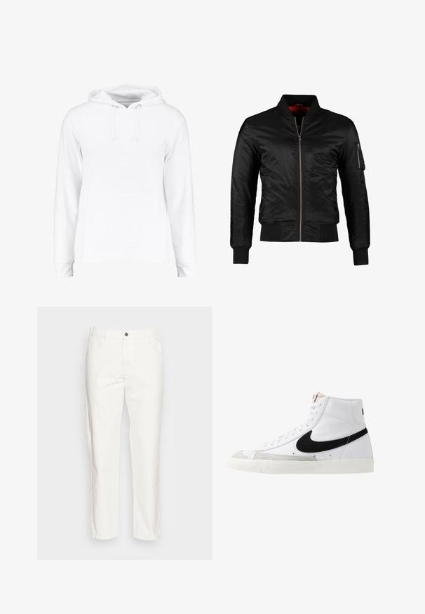 Veste bomber noire en nylon brillant avec une fermeture éclair à l'avant, des poignets côtelés et une poche zippée sur la manche gauche. L'intérieur est de couleur rouge vif.; Haut à capuche blanc en matériau doux, comprenant une poche kangourou, des cordons au niveau du cou, et des poignets et un ourlet côtelés. Texture lisse.; Pantalon en coton blanc avec une coupe droite, poches avant, fermeture à bouton unique et une texture douce.; Baskets montantes blanches avec un swoosh noir, un capuchon de pied texturé gris et une semelle plate blanche. Elles possèdent six œillets et des accents cousus.