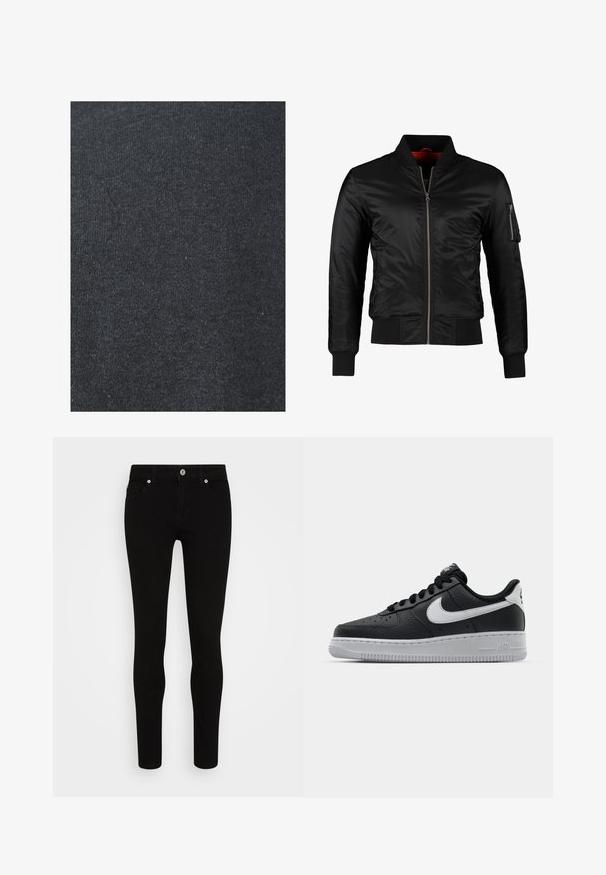Veste bomber noire en nylon brillant avec une fermeture éclair à l'avant, des poignets côtelés et une poche zippée sur la manche gauche. L'intérieur est de couleur rouge vif.; Tissu en coton noir avec une texture lisse, présentant un motif de tricot uniforme et sans embellissements ni détails en métal visibles.; Jean skinny noir avec une texture lisse, conception à cinq poches, fermeture à bouton sur le devant et silhouette épurée. Style minimaliste sans motifs visibles.; Baskets en cuir noir avec surface texturée, swoosh Nike blanc, semelle grise, bout rond et design à lacets. Comprend des perforations sur la boîte à orteils.