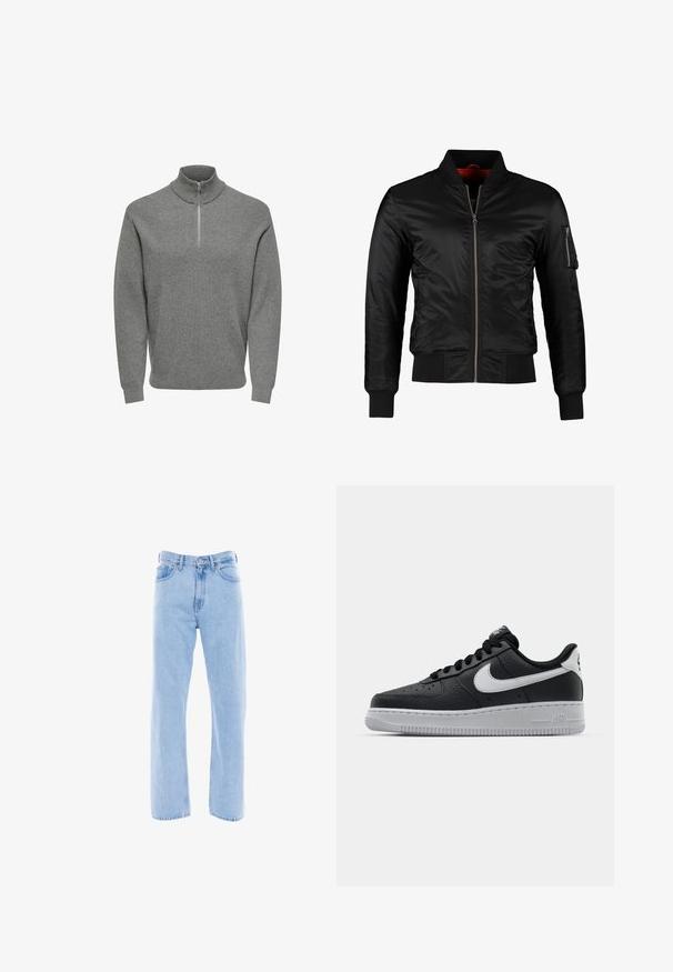 Veste bomber noire en nylon brillant avec une fermeture éclair à l'avant, des poignets côtelés et une poche zippée sur la manche gauche. L'intérieur est de couleur rouge vif.; Sweat-shirt gris à demi-zip, texture côtelée, col haut, manches longues et fermeture éclair en métal au cou. Design classique et décontracté.; Jean en denim bleu clair, avec une coupe droite, taille haute, poches avant et détails de couture classiques sur les coutures et la taille.; Baskets en cuir noir avec surface texturée, swoosh Nike blanc, semelle grise, bout rond et design à lacets. Comprend des perforations sur la boîte à orteils.