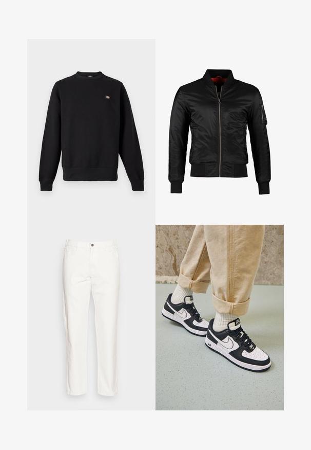Schwarze Bomberjacke aus glänzendem Nylon mit einem Frontreißverschluss, gerippten Bündchen und einer Reißverschlusstasche am linken Ärmel. Das Innenfutter ist leuchtend rot.; Schwarzer Sweatshirt mit Rundhalsausschnitt, langen Ärmeln, gerippten Bündchen und Saum sowie kleinem rechteckigem Logo-Patch auf der linken Brust.; Weiße Baumwollhosen mit geradem Bein, Fronttaschen, einem Knopfverschluss und einer weichen Textur.; Schwarz-weiße Nike Air Force 1 Sneaker mit einem Obermaterial aus Leder, perforierter Zehenpartie und strukturiertem Sohlendesign, getragen mit aufgerollten beigen Hosen und weißen Socken.