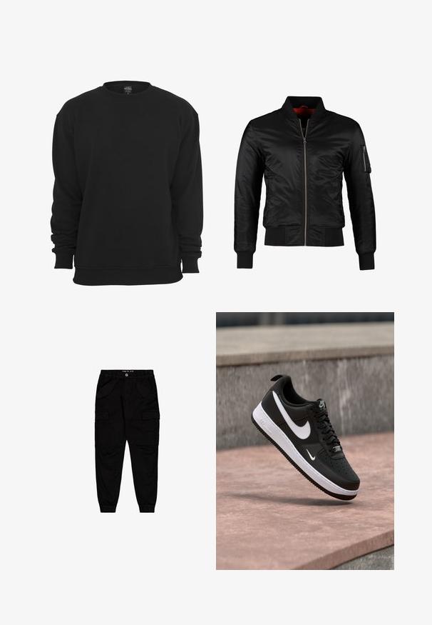 Schwarze Bomberjacke aus glänzendem Nylon mit einem Frontreißverschluss, gerippten Bündchen und einer Reißverschlusstasche am linken Ärmel. Das Innenfutter ist leuchtend rot.; Schwarzer Sweatshirt mit Rundhalsausschnitt und langen Ärmeln, aus Baumwollmischgewebe. Verfügt über gerippte Bündchen und Saum, eine weiche Textur und eine lockere Passform.; Schwarze Cargo-Hosen aus Baumwolle, ausgestattet mit zwei Fronttaschen und zwei seitlichen Cargo-Taschen, mit elastischen Bündchen und einem elastischen Bund.; Schwarz-weißer Nike Air Force 1 Sneaker, der über einer rosa Betonfläche mit grauem Stein-Hintergrund schwebt.