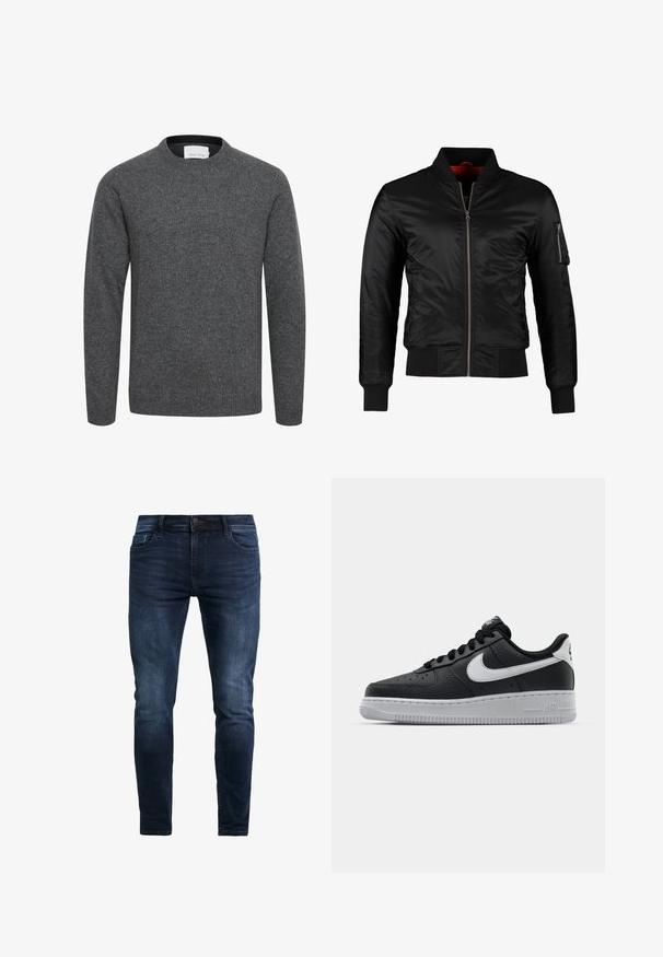 Veste bomber noire en nylon brillant avec une fermeture éclair à l'avant, des poignets côtelés et une poche zippée sur la manche gauche. L'intérieur est de couleur rouge vif.; Pull gris charbon à manches longues avec col rond, poignets et ourlet côtelés, en tissu tricoté doux.; Jeans en denim bleu foncé ajustés, avec des détails de couture, un bouton à l'avant et cinq poches pour le rangement.; Baskets en cuir noir avec surface texturée, swoosh Nike blanc, semelle grise, bout rond et design à lacets. Comprend des perforations sur la boîte à orteils.