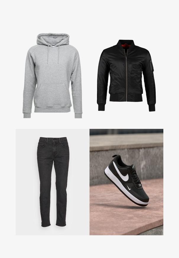Veste bomber noire en nylon brillant avec une fermeture éclair à l'avant, des poignets côtelés et une poche zippée sur la manche gauche. L'intérieur est de couleur rouge vif.; Hoodie gris en coton doux, doté d'une poche avant, de cordons de serrage réglables et de poignets et d'un ourlet côtelés.; Jean en denim noir avec une coupe ajustée, comportant cinq poches, des passants de ceinture et des détails de couture subtils. Texture usée sur le tissu.; Baskets Nike Air Force 1 noir et blanc suspendues au-dessus d'une surface en béton rose avec un fond en pierre grise.