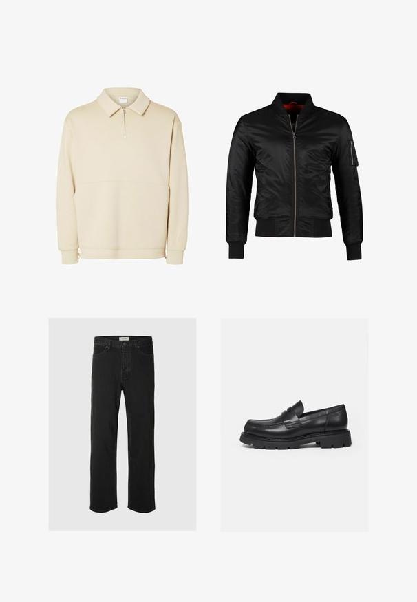 Schwarze Bomberjacke aus glänzendem Nylon mit einem Frontreißverschluss, gerippten Bündchen und einer Reißverschlusstasche am linken Ärmel. Das Innenfutter ist leuchtend rot.; Beiger Pullover-Sweatshirt aus weichem Stoff mit einem Reißverschluss am Hals, einem Kragen und einem lässigen Schnitt mit einfachen horizontalen Nahtdetails.; Schwarze Denim-Jeans im Straight-Leg-Schnitt verfügen über ein klassisches Fünf-Taschen-Design mit Knopfverschluss, minimaler Naht und einer weichen Textur.; Schwarzer Lederloafer mit dicker, profilierter Sohle und Pennyriemen-Detail, von der rechten Seitenansicht auf weißem Hintergrund gezeigt.