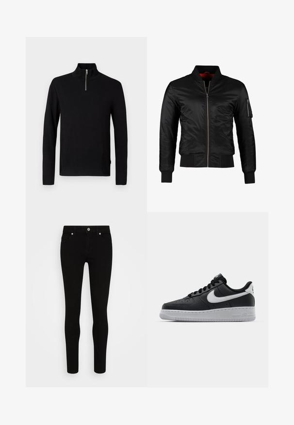 Chaqueta bomber negra hecha de nylon brillante con cierre frontal, puños acanalados y un bolsillo con cremallera en la manga izquierda. El interior es de un rojo brillante.; Jersey negro de manga larga con cuello alto y una corta cremallera plateada en la parte delantera central.; Jeans ajustados negros con una textura suave, diseño de cinco bolsillos, cierre frontal con botón y silueta elegante. Estilo minimalista sin patrones visibles.; Zapatilla negra de cuero con superficie texturizada, logo de Nike en blanco, suela gris, puntera redonda y diseño de encaje. Presenta perforaciones en la puntera.