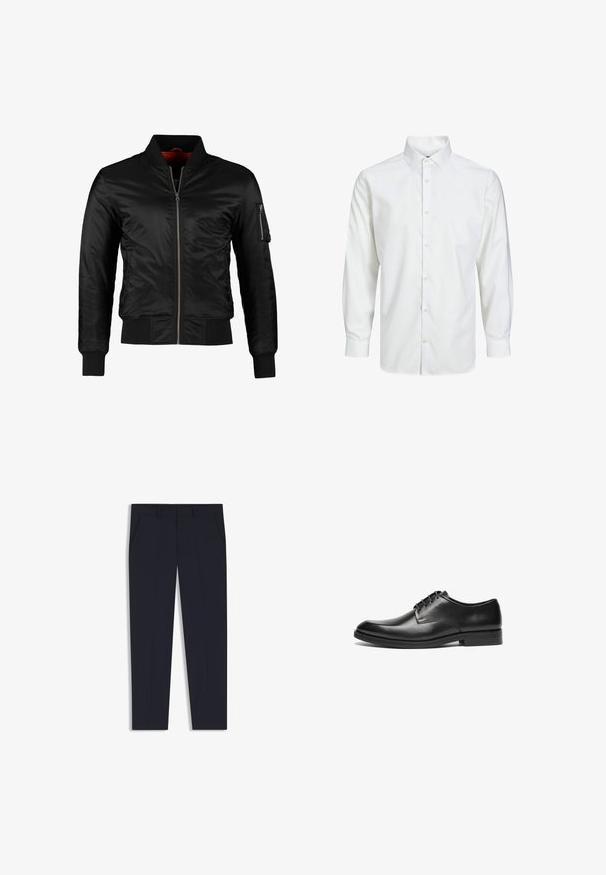 Veste bomber noire en nylon brillant avec une fermeture éclair à l'avant, des poignets côtelés et une poche zippée sur la manche gauche. L'intérieur est de couleur rouge vif.; Chemise blanche à manches longues avec boutons, col pointu et poignets boutonnés, présentée sur un fond blanc uni.; Pantalon marine à coupe ajustée, avec deux poches avant, un design à plat et une texture lisse. Sans motifs ni ornements visibles.; Chaussure habillée en cuir noir avec un bout pointu, texture lisse, design à lacets et un talon bas et plat. Style minimaliste et silhouette élégante.
