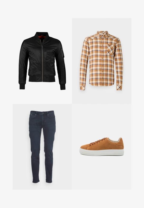 Sort bomberjakke lavet af skinnende nylon med frontlynlås, ribbede manchetter og en lynlåslomme på venstre ærme. Indersiden er lys rød.; Skjorte i ternet design med brun, creme og blå farver, med knapkrave, lange ærmer og en brystlomme med skrå snit.; Mørkeblå jeans i slim fit-design. Fremstillet af denim, med knap- og lynlåslukning, fem lommer og subtile stikninger.; Tan ruskindslignende sko i afslappet stil med brune snørebånd, hvid gummisål, rund tå og minimalistisk design med en tekstureret hæl akcent.