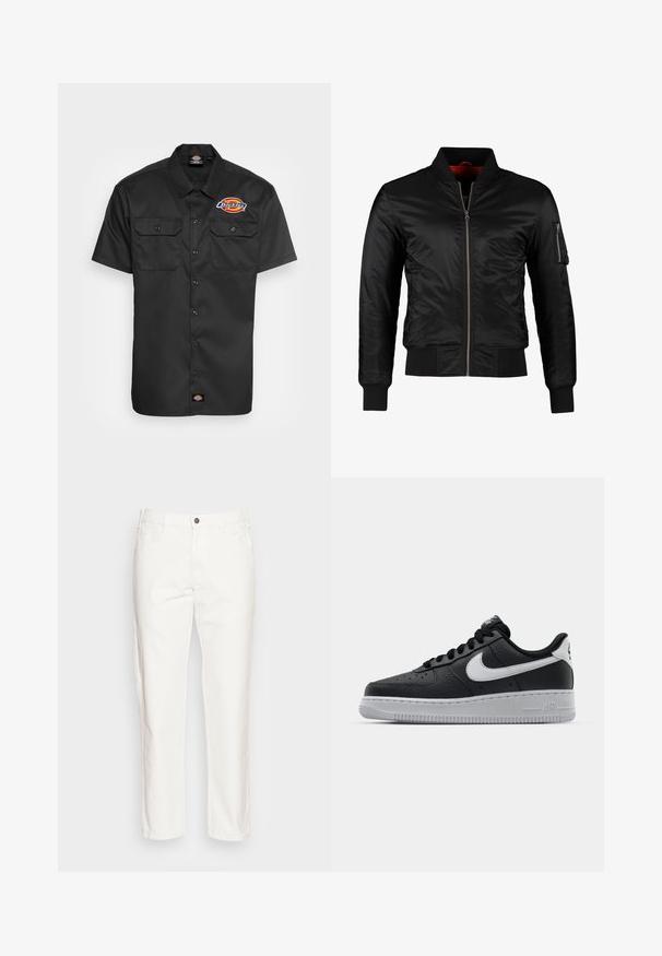Veste bomber noire en nylon brillant avec une fermeture éclair à l'avant, des poignets côtelés et une poche zippée sur la manche gauche. L'intérieur est de couleur rouge vif.; Chemise noire à manches courtes, en tissu résistant, dotée de deux poches poitrine, d'une fermeture à boutons sur le devant et d'un logo coloré sur le côté gauche de la poitrine.; Pantalon en coton blanc avec une coupe droite, poches avant, fermeture à bouton unique et une texture douce.; Baskets en cuir noir avec surface texturée, swoosh Nike blanc, semelle grise, bout rond et design à lacets. Comprend des perforations sur la boîte à orteils.