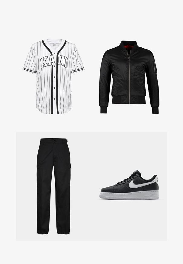 Chaqueta bomber negra hecha de nylon brillante con cierre frontal, puños acanalados y un bolsillo con cremallera en la manga izquierda. El interior es de un rojo brillante.; Camisa de béisbol blanca de manga corta con rayas negras, que presenta un cierre frontal de botones y la palabra "KANI" exhibida de forma destacada en letras negras.; Pantalones cargo negros con corte recto, con bolsillos laterales, cierre de botón y puños elásticos en los tobillos. Fabricados con material resistente.; Zapatilla negra de cuero con superficie texturizada, logo de Nike en blanco, suela gris, puntera redonda y diseño de encaje. Presenta perforaciones en la puntera.