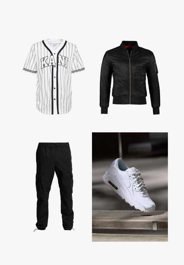 Schwarze Bomberjacke aus glänzendem Nylon mit einem Frontreißverschluss, gerippten Bündchen und einer Reißverschlusstasche am linken Ärmel. Das Innenfutter ist leuchtend rot.; Weißes Baseball-Trikot mit kurzen Ärmeln und schwarzen Streifen, mit einer Knopfleiste vorne und dem Wort "KANI" deutlich in schwarzen Buchstaben dargestellt.; Schwarze Cargo-Hosen aus strapazierfähigem Stoff, mit elastischem Bund, verstellbaren Kordeln und Seitentaschen mit Klappen.; Weiße Lederturnschuhe mit strukturierten Oberflächen, gepolstertem Kragen und sichtbarer Luftpolsterung in der Sohle. Verfügt über Schnürsenkel und ein minimalistisches Design.