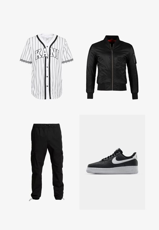 Schwarze Bomberjacke aus glänzendem Nylon mit einem Frontreißverschluss, gerippten Bündchen und einer Reißverschlusstasche am linken Ärmel. Das Innenfutter ist leuchtend rot.; Weißes Baseball-Trikot mit kurzen Ärmeln und schwarzen Streifen, mit einer Knopfleiste vorne und dem Wort "KANI" deutlich in schwarzen Buchstaben dargestellt.; Schwarze Cargo-Hosen aus strapazierfähigem Stoff, mit elastischem Bund, verstellbaren Kordeln und Seitentaschen mit Klappen.; Schwarze Ledersneaker mit strukturierten Oberflächen, weißem Nike-Swoosh, grauer Sohle, runder Zehenpartie und Schnürdesign. Verfügt über Perforationen an der Zehenbox.