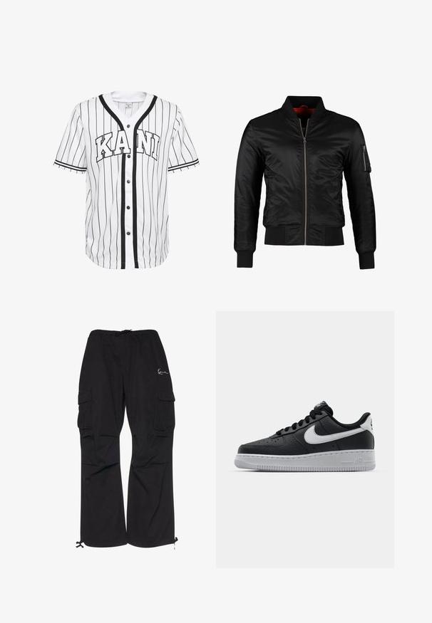Zwarte bomberjack gemaakt van glanzend nylon met een ritssluiting aan de voorkant, ribgebreide manchetten en een ritszak op de linkermouw. De binnenkant is felrood.; Witte baseball jersey met korte mouwen en zwarte strepen, met een knoopsluiting aan de voorkant en het woord "KANI" prominent weergegeven in zwarte letters.; Zwarte cargobroek van lichtgewicht stof, met een elastische tailleband met koord, zijzakken en verstelbare manchetten.; Zwarte lederen sneaker met een textuur oppervlak, witte Nike swoosh, grijze zool, ronde neus en vetersluiting. Bevat perforaties op de neus.