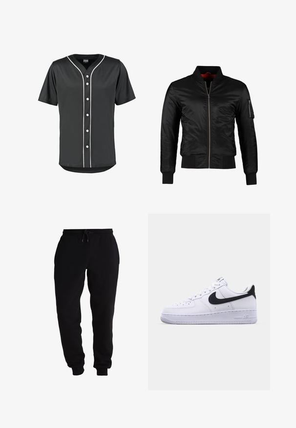 Schwarze Bomberjacke aus glänzendem Nylon mit einem Frontreißverschluss, gerippten Bündchen und einer Reißverschlusstasche am linken Ärmel. Das Innenfutter ist leuchtend rot.; Schwarzes Baseball-Trikot mit kurzen Ärmeln aus glattem Stoff. Verfügt über weiße Knöpfe und kontrastierende weiße Paspelierung entlang der Vorderseite und des Kragens.; Schwarze Sweatpants aus weichem Material, mit einem elastischen Bund und einem Kordelzug, schmal zulaufenden Beinöffnungen und seitlichen Taschen.; Weißes Leder-Sneaker mit einem strukturierten schwarzen Swoosh, flachen Schnürsenkeln und einer Gummisohle mit genoppetem Muster. "AIR" ist auf der Ferse eingeprägt.