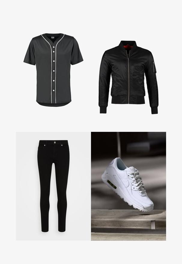 Schwarze Bomberjacke aus glänzendem Nylon mit einem Frontreißverschluss, gerippten Bündchen und einer Reißverschlusstasche am linken Ärmel. Das Innenfutter ist leuchtend rot.; Schwarzes Baseball-Trikot mit kurzen Ärmeln aus glattem Stoff. Verfügt über weiße Knöpfe und kontrastierende weiße Paspelierung entlang der Vorderseite und des Kragens.; Schwarze Skinny-Jeans mit glatter Textur, Fünf-Taschen-Design, vorderer Knopfverschluss und schlankem Schnitt. Minimalistischer Stil ohne sichtbare Muster.; Weiße Lederturnschuhe mit strukturierten Oberflächen, gepolstertem Kragen und sichtbarer Luftpolsterung in der Sohle. Verfügt über Schnürsenkel und ein minimalistisches Design.