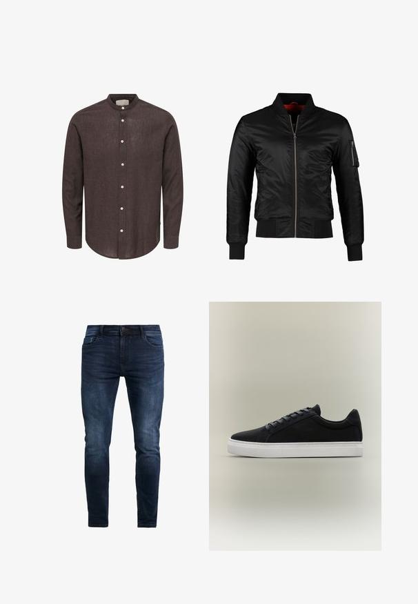 Veste bomber noire en nylon brillant avec une fermeture éclair à l'avant, des poignets côtelés et une poche zippée sur la manche gauche. L'intérieur est de couleur rouge vif.; Chemise en lin marron foncé à manches longues avec col mao et boutons blancs sur le devant.; Jeans en denim bleu foncé ajustés, avec des détails de couture, un bouton à l'avant et cinq poches pour le rangement.; Baskets basses noires avec semelle en caoutchouc blanche, design à lacets et col rembourré, présentées sur un fond gris neutre.