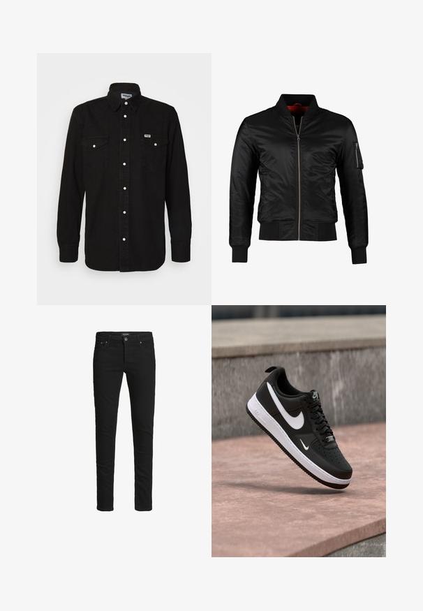 Schwarze Bomberjacke aus glänzendem Nylon mit einem Frontreißverschluss, gerippten Bündchen und einer Reißverschlusstasche am linken Ärmel. Das Innenfutter ist leuchtend rot.; Schwarzes Button-Up-Hemd mit spitzem Kragen, zwei Brusttaschen, weißen Druckknöpfen und strukturiertem Stoff. Wrangler-Logo auf der linken Brust.; Schmal geschnittene schwarze Jeans mit fünf Taschen, Knopfverschluss und Gürtelschlaufen, etikettiert mit Jack & Jones.; Schwarz-weißer Nike Air Force 1 Sneaker, der über einer rosa Betonfläche mit grauem Stein-Hintergrund schwebt.