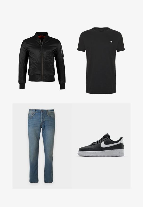 Schwarze Bomberjacke aus glänzendem Nylon mit einem Frontreißverschluss, gerippten Bündchen und einer Reißverschlusstasche am linken Ärmel. Das Innenfutter ist leuchtend rot.; Schwarzes T-Shirt mit kurzen Ärmeln aus Baumwolle, mit Rundhalsausschnitt und einem kleinen weißen Vogel-Logo auf der linken Brustseite.; Straight-leg blaue Jeans aus Denim mit Vordertaschen, Gürtelschlaufen und Knopfverschluss auf einfarbigem Hintergrund.; Schwarze Ledersneaker mit strukturierten Oberflächen, weißem Nike-Swoosh, grauer Sohle, runder Zehenpartie und Schnürdesign. Verfügt über Perforationen an der Zehenbox.