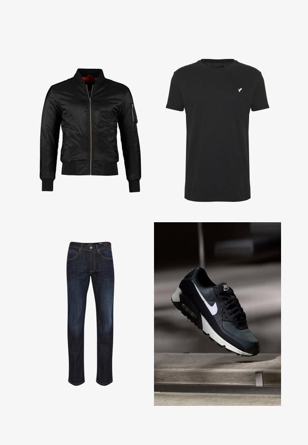 Sort bomberjakke lavet af skinnende nylon med frontlynlås, ribbede manchetter og en lynlåslomme på venstre ærme. Indersiden er lys rød.; Sort kortærmet t-shirt lavet af bomuld, med rund hals og et lille hvidt fuglelogo på venstre brystområde.; Mørkeblå denimjeans med lige ben, fem lommer, gyldne stikninger og en glat tekstur. Knaplukning ved taljen.; Sort og grå Nike Air Max sneaker med hvid swoosh, ophængt over en betongulv mod en sløret mørk baggrund.