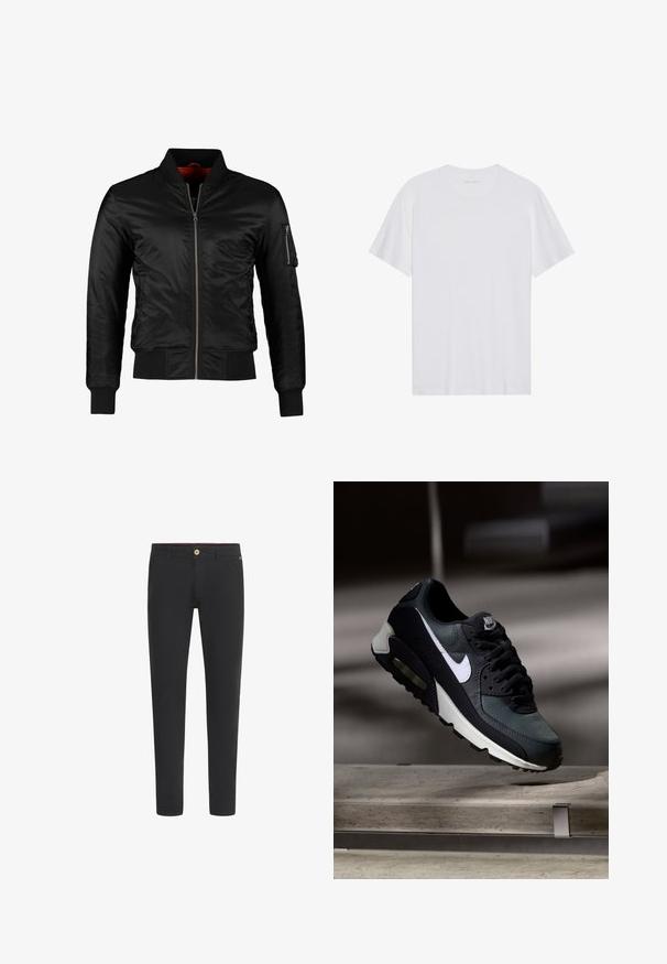 Sort bomberjakke lavet af skinnende nylon med frontlynlås, ribbede manchetter og en lynlåslomme på venstre ærme. Indersiden er lys rød.; Hvid bomulds T-shirt med korte ærmer, rund hals og en glat tekstur. Har minimal branding på halsudskæringen.; Sorte slimfit bukser med bæltestropper, forlommer og knaplukning i taljen.; Sort og grå Nike Air Max sneaker med hvid swoosh, ophængt over en betongulv mod en sløret mørk baggrund.
