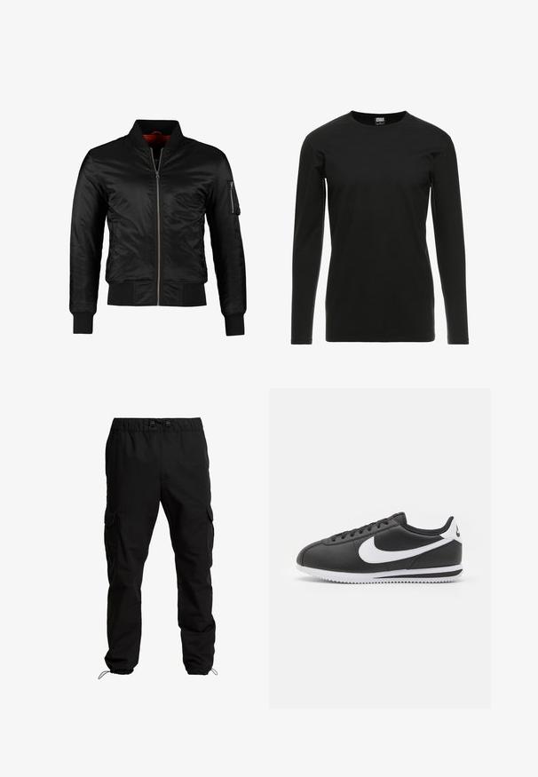 Chaqueta bomber negra hecha de nylon brillante con cierre frontal, puños acanalados y un bolsillo con cremallera en la manga izquierda. El interior es de un rojo brillante.; Urban Classics STRETCH TERRY - Camiseta de manga larga - black; Pantalones cargo negros hechos de un tejido duradero, con cintura elástica, cordones ajustables y bolsillos laterales con solapa.; Zapatilla de cuero negro con un swoosh y acentos en blanco. Presenta una punta redondeada, cierre con cordones y una suela de goma blanca texturizada.