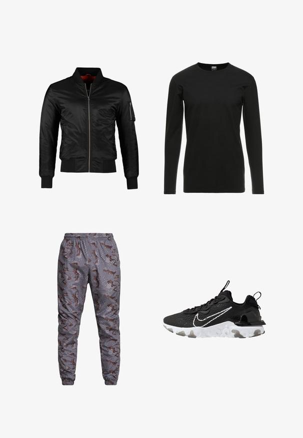 Sort bomberjakke lavet af skinnende nylon med frontlynlås, ribbede manchetter og en lynlåslomme på venstre ærme. Indersiden er lys rød.; Urban Classics STRETCH TERRY - Langærmet T-shirt - black; Grå camo-mønstrede joggere med elastisk talje, der har brune og hvide accenter, tapered benåbninger og en glat stoftekstur.; Sort atletik sko med en struktureret stofoverdel, hvid Nike swoosh og tyk hvid sål. Har en pull tab på hælen for nem påføring.