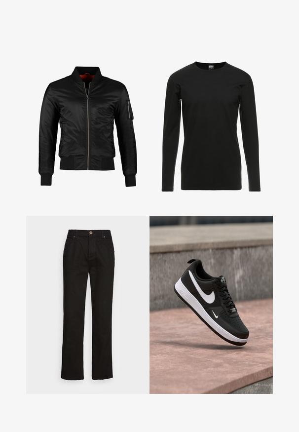 Schwarze Bomberjacke aus glänzendem Nylon mit einem Frontreißverschluss, gerippten Bündchen und einer Reißverschlusstasche am linken Ärmel. Das Innenfutter ist leuchtend rot.; Urban Classics STRETCH TERRY - Langarmshirt - black; Schwarze Jeans im geraden Schnitt aus Denim mit Knopfverschluss, Gürtelschlaufen und vorderen Taschen. Der Stoff hat eine glatte Oberfläche und minimale Nähte.; Schwarz-weißer Nike Air Force 1 Sneaker, der über einer rosa Betonfläche mit grauem Stein-Hintergrund schwebt.