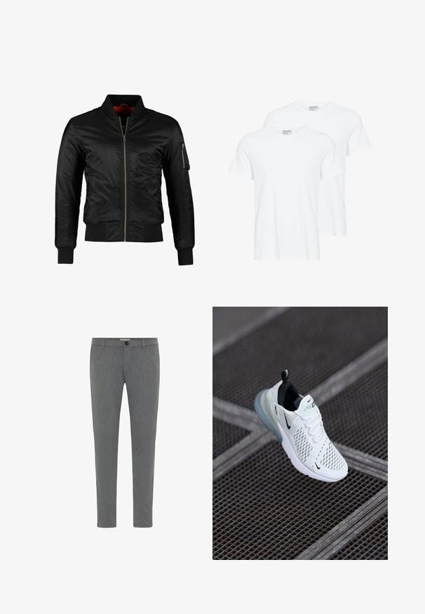 Veste bomber noire en nylon brillant avec une fermeture éclair à l'avant, des poignets côtelés et une poche zippée sur la manche gauche. L'intérieur est de couleur rouge vif.; Deux t-shirts blancs unis à manches courtes et col rond qui se chevauchent sur un fond blanc.; Pantalons gris sur mesure en tissu texturé, avec une taille standard dotée de passants de ceinture, une fermeture éclair et un bouton unique.; Baskets de sport blanches avec un dessus en maille perforée, des accents noirs, des lacets visibles et une semelle à coussin d'air translucide.