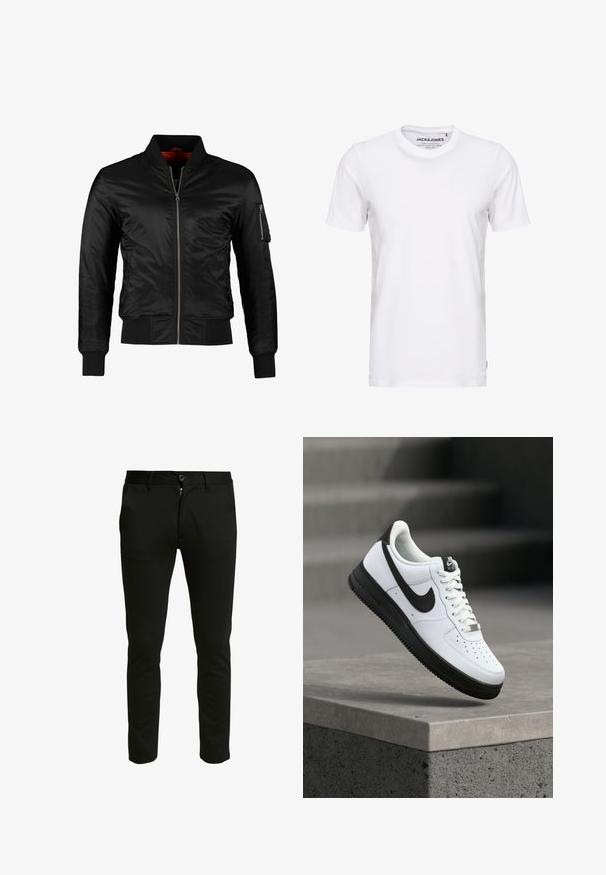 Chaqueta bomber negra hecha de nylon brillante con cierre frontal, puños acanalados y un bolsillo con cremallera en la manga izquierda. El interior es de un rojo brillante.; Camiseta de manga corta blanca, hecha de algodón, con cuello redondo y un diseño sencillo. Etiqueta de la marca visible en la zona del cuello. Sin patrones ni detalles.; Pantalones negros ajustados hechos de una tela suave. Con cierre de cremallera y botón, dos bolsillos laterales y una textura limpia y suave.; Zapatilla deportiva de cuero blanco con detalles en negro, punta redondeada y detalles perforados. Suela de goma negra con patrón texturizado y cierre de cordones.