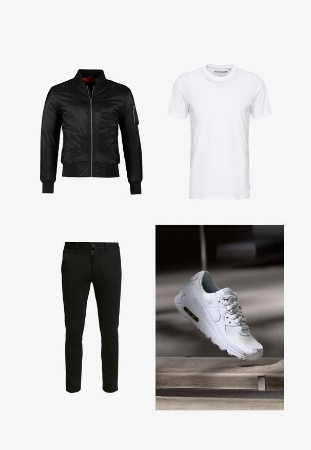 Zwarte bomberjack gemaakt van glanzend nylon met een ritssluiting aan de voorkant, ribgebreide manchetten en een ritszak op de linkermouw. De binnenkant is felrood.; Witte korte mouwen t-shirt van katoen, met een ronde hals en een eenvoudig ontwerp. Merktag zichtbaar op het nekgebied. Geen patronen of accenten.; Zwarte, slim-fit broek van een zachte stof. Voorzien van een ritssluiting en knoopsluiting, met twee zijzakken en een schone, gladde textuur.; Witte Nike Air Max 90 sneaker met een bovenwerk van mesh en leer, een geperforeerde teenbox en een zichtbare luchtunit in de hiel.