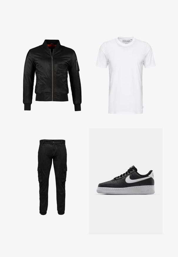 Veste bomber noire en nylon brillant avec une fermeture éclair à l'avant, des poignets côtelés et une poche zippée sur la manche gauche. L'intérieur est de couleur rouge vif.; T-shirt blanc à manches courtes en coton, avec un col rond et un design simple. Étiquette de marque visible au niveau du cou. Aucun motif ni accent.; Pantalon cargo noir avec poches à rabat latérales, poignets élastiques, fermeture frontale par bouton et fermeture éclair.; Baskets en cuir noir avec surface texturée, swoosh Nike blanc, semelle grise, bout rond et design à lacets. Comprend des perforations sur la boîte à orteils.