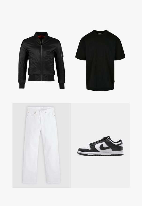 Veste bomber noire en nylon brillant avec une fermeture éclair à l'avant, des poignets côtelés et une poche zippée sur la manche gauche. L'intérieur est de couleur rouge vif.; T-shirt noir en coton, avec un col rond et des manches courtes, à coupe ample. Design simple, sans motifs ni graphiques.; Jean blanc à jambes droites avec conception à cinq poches, fermeture par bouton et fermeture éclair, et détails en rivets de cuivre sur les poches.; Baskets Nike Dunk en noir et blanc avec une tige en cuir, un bout perforé, des lacets noirs et une semelle en caoutchouc noir avec un motif de semelle.