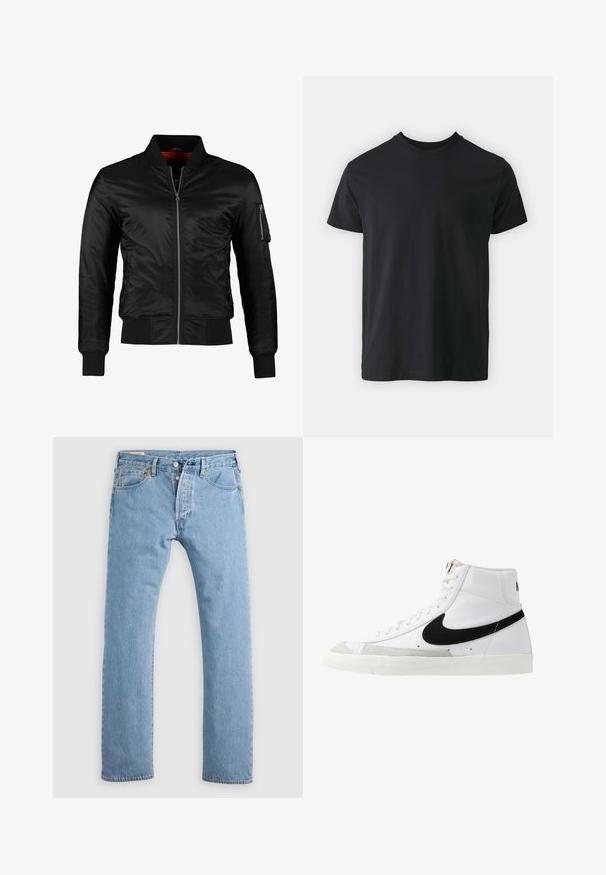 Schwarze Bomberjacke aus glänzendem Nylon mit einem Frontreißverschluss, gerippten Bündchen und einer Reißverschlusstasche am linken Ärmel. Das Innenfutter ist leuchtend rot.; Schwarzes Baumwoll-T-Shirt mit kurzen Ärmeln, Rundhalsausschnitt und lässiger Passform. Glatte Textur und gerader Saum, keine sichtbaren Grafiken oder Muster.; Hellblaue gerade geschnittene Jeans aus Denim mit Knopfverschluss, Gürtelschlaufen sowie Vorder- und Hintertaschen, auf einem weißen Hintergrund präsentiert.; Weiße High-Top-Sneaker mit einem schwarzen Swoosh, strukturiertem grauen Zehenkappeneinsatz und flacher weißer Sohle. Verfügt über sechs Ösen und genähte Akzente.
