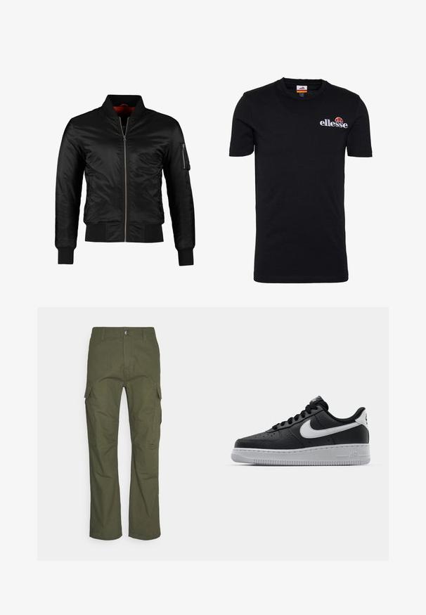 Sort bomberjakke lavet af skinnende nylon med frontlynlås, ribbede manchetter og en lynlåslomme på venstre ærme. Indersiden er lys rød.; Sort kortærmet t-shirt lavet af bomuld. Har en rund halsudskæring og et broderet "ellesse" logo med rød og orange accent.; Cargo bukser i mørke olivengrøn med flere sidelommer, lige snit og et slidstærkt stof med en tekstureret overflade.; Sort lædersneaker med tekstureret overflade, hvid Nike swoosh, grå sål, rund tå og snørebåndsdesign. Har perforeringer på tåboksen.