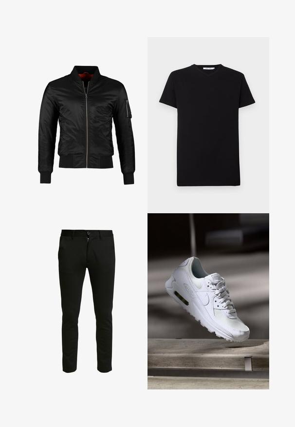 Sort bomberjakke lavet af skinnende nylon med frontlynlås, ribbede manchetter og en lynlåslomme på venstre ærme. Indersiden er lys rød.; Sort bomulds T-shirt med korte ærmer og V-hals. Simpelt design, ensfarvet og blød tekstur. Ingen synlige mønstre eller detaljer.; Sorte slim-fit bukser lavet af et blødt stof. Har lynlås og knaplukning, med to sidelommer og en ren, glat tekstur.; Hvide Nike Air Max 90 sneakers med en overdel i mesh og læder, perforeret tåboks og en synlig luftenhed i hælen.