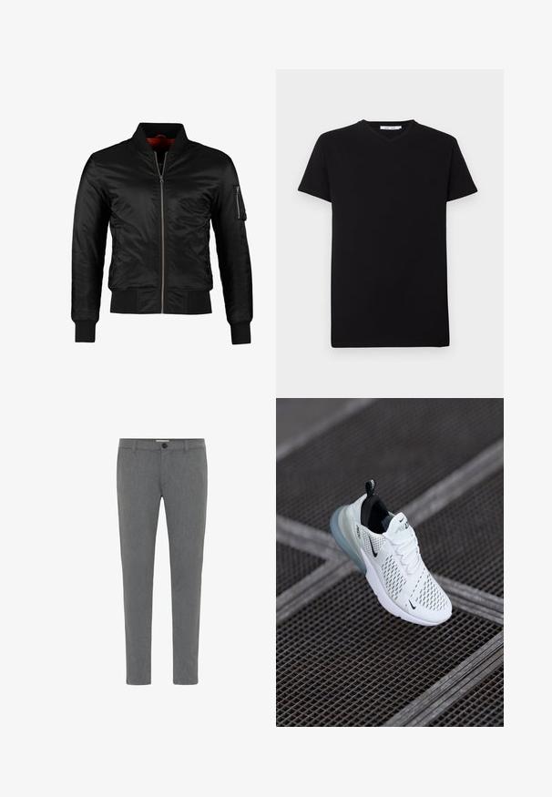Chaqueta bomber negra hecha de nylon brillante con cierre frontal, puños acanalados y un bolsillo con cremallera en la manga izquierda. El interior es de un rojo brillante.; Camiseta de algodón negra con mangas cortas y cuello en V. Diseño sencillo, color sólido y textura suave. Sin patrones ni acentos visibles.; Pantalones grises ajustados de tela texturizada, con una cinturilla estándar con presillas para cinturón, cremallera y cierre de un solo botón.; Zapatilla deportiva blanca con parte superior de malla perforada, acentos negros, cordones visibles y una suela de amortiguación de aire translúcida.