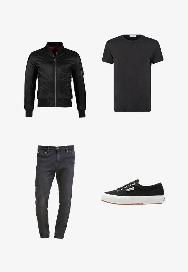 Veste bomber noire en nylon brillant avec une fermeture éclair à l'avant, des poignets côtelés et une poche zippée sur la manche gauche. L'intérieur est de couleur rouge vif.; T-shirt en coton noir avec un col rond et des manches courtes. Le tissu a une texture lisse et sans motifs ni accents. Coupe classique.; Jean en denim noir slim-fit avec design à cinq poches, fermeture éclair et décoloration subtile. Texture lisse avec une finition en dégradé foncé.; Baskets en toile noires avec semelle en caoutchouc blanc et semelle extérieure en caoutchouc brun. Présente un bout rond, un design à lacets et une petite étiquette logo sur le côté.