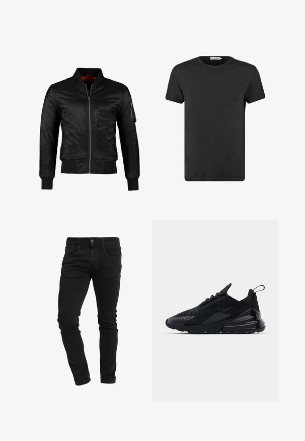 Schwarze Bomberjacke aus glänzendem Nylon mit einem Frontreißverschluss, gerippten Bündchen und einer Reißverschlusstasche am linken Ärmel. Das Innenfutter ist leuchtend rot.; Schwarzes Baumwoll-T-Shirt mit Rundhalsausschnitt und kurzen Ärmeln. Der Stoff hat eine glatte Textur und keine Muster oder Akzente. Normale Passform.; Schmal geschnittene schwarze Jeans mit Vordertaschen, Gürtelschlaufen, Knopfverschluss und leichter Faltenbildung entlang der Beine.; Schwarzer Nike Air Max 270 Sneaker mit strukturiertem Obermaterial, Mesh-Einsätzen und einer glänzenden Ferse mit einer auffälligen Luftpolsterungseinheit.